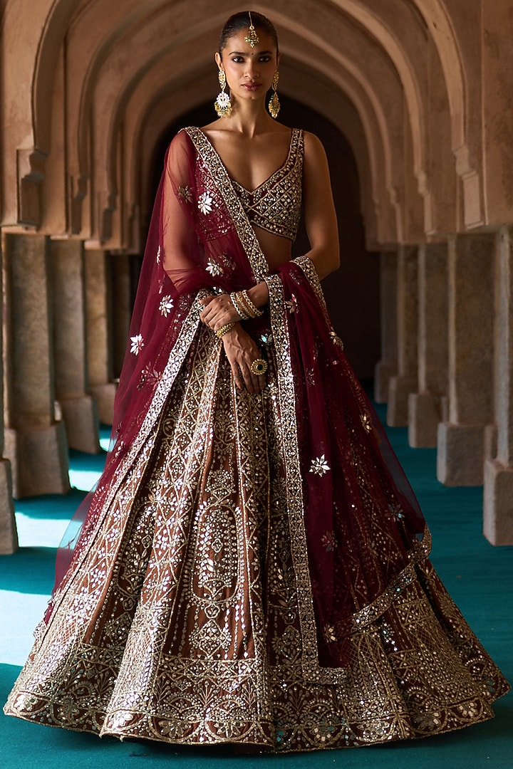 Rust Brown Raw Silk Thread Work Wedding Lehenga Set by Angad Singh at Pernia's Pop Up Shop