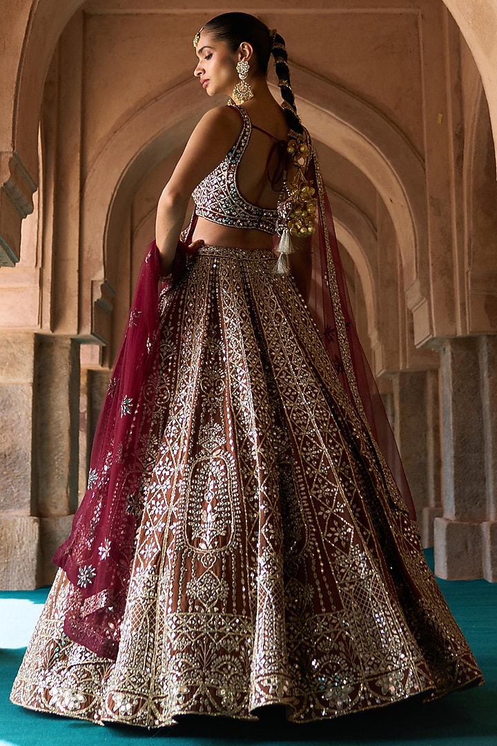 Rust Brown Raw Silk Thread Work Wedding Lehenga Set by Angad Singh at Pernia's Pop Up Shop