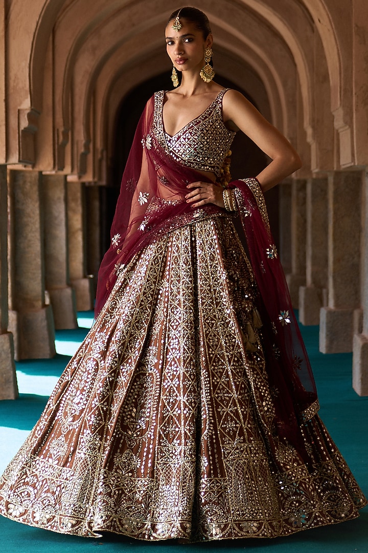 Rust Brown Raw Silk Thread Work Wedding Lehenga Set by Angad Singh at Pernia's Pop Up Shop