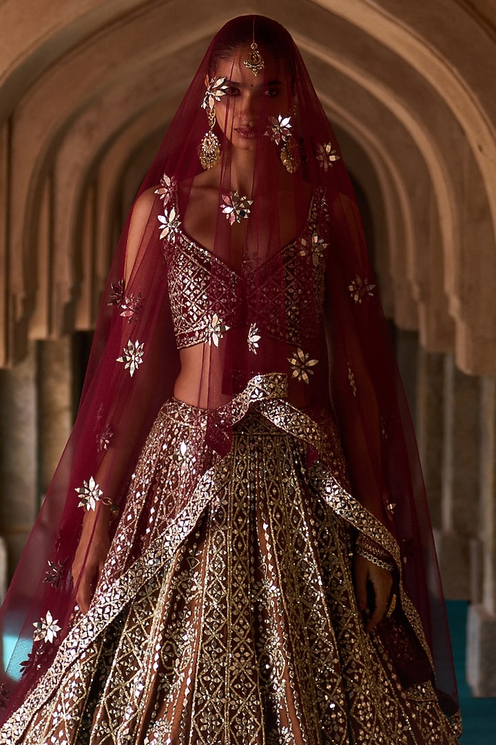 Rust Brown Raw Silk Thread Work Wedding Lehenga Set by Angad Singh at Pernia's Pop Up Shop