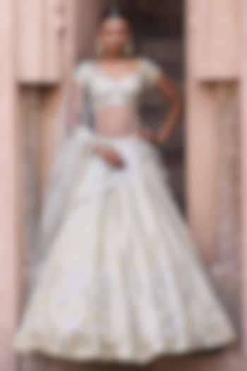 Champagne Gold Tissue Mirror Work Wedding Lehenga Set by Angad Singh at Pernia's Pop Up Shop