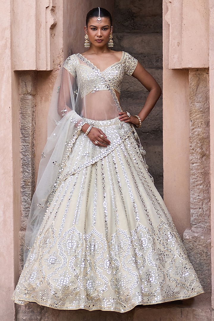 Champagne Gold Tissue Mirror Work Wedding Lehenga Set by Angad Singh at Pernia's Pop Up Shop