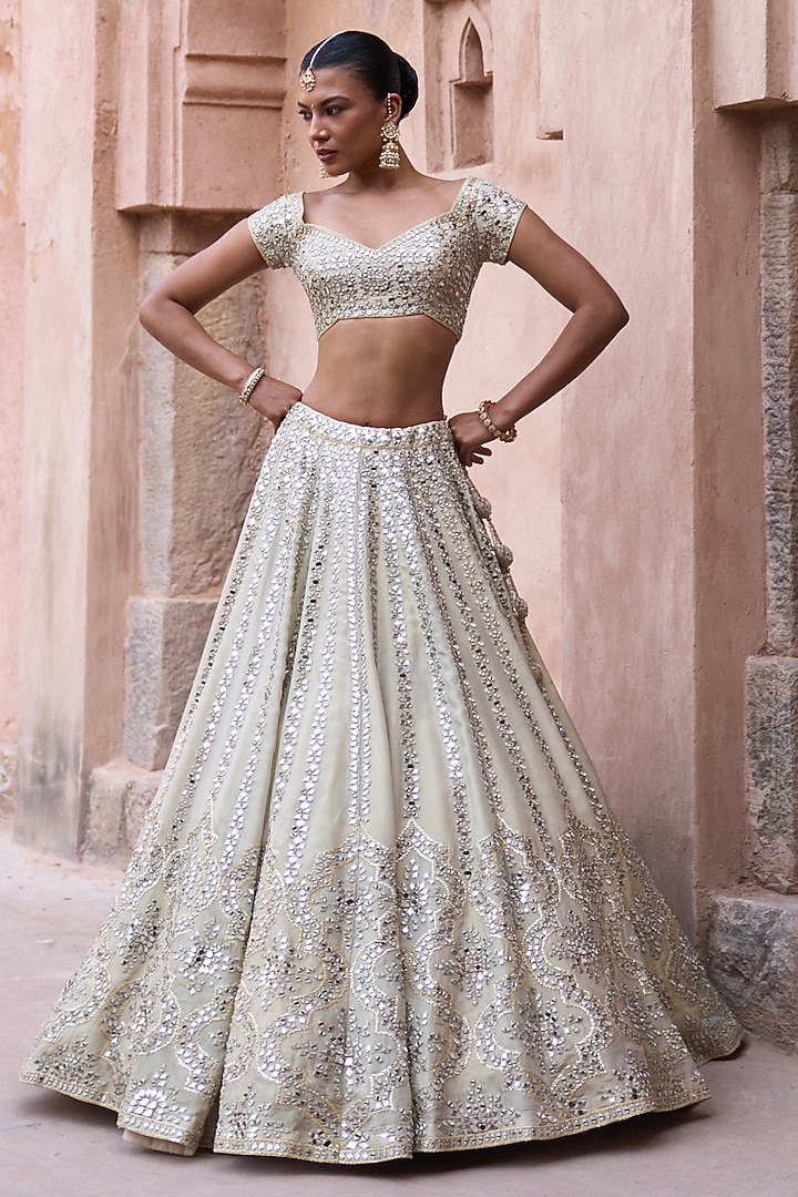 Champagne Gold Tissue Mirror Work Wedding Lehenga Set by Angad Singh at Pernia's Pop Up Shop