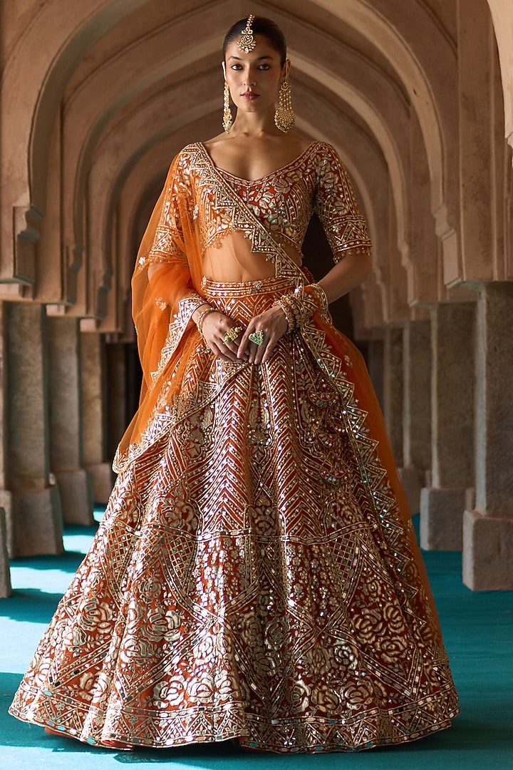 Rust Organza Mirror Work Bridal Lehenga Set by Angad Singh at Pernia's Pop Up Shop