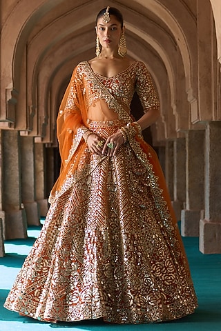 Rust Organza Mirror Work Lehenga Set by Angad Singh