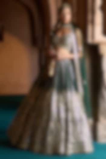 Emerald Green Raw Silk Thread Embroidered Bridal Lehenga Set by Angad Singh at Pernia's Pop Up Shop