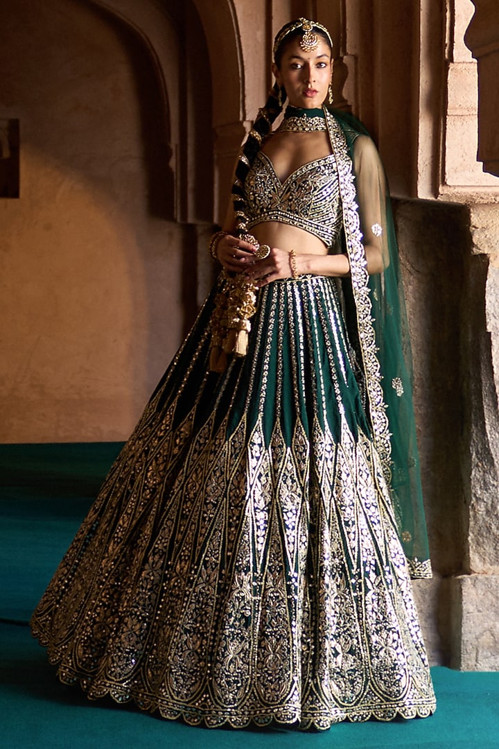 Emerald Green Raw Silk Thread Embroidered Bridal Lehenga Set by Angad Singh at Pernia's Pop Up Shop