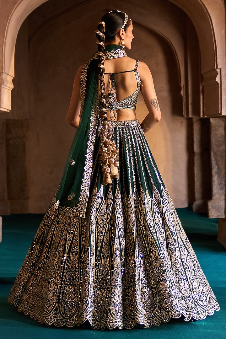 Emerald Green Raw Silk Thread Embroidered Bridal Lehenga Set by Angad Singh at Pernia's Pop Up Shop