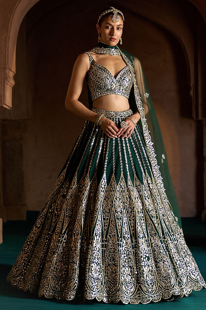 Emerald Green Raw Silk Thread Embroidered Bridal Lehenga Set by Angad Singh at Pernia's Pop Up Shop
