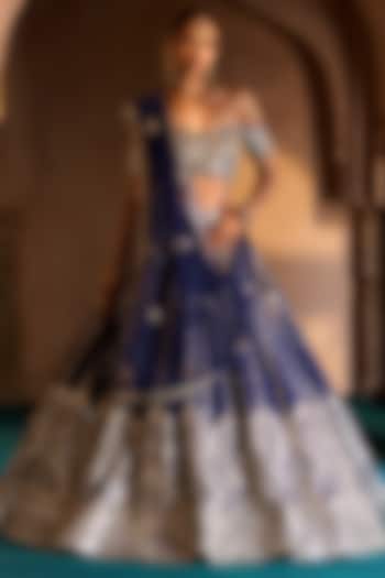 Navy Blue Raw Silk Mirror Work Bridal Lehenga Set by Angad Singh at Pernia's Pop Up Shop