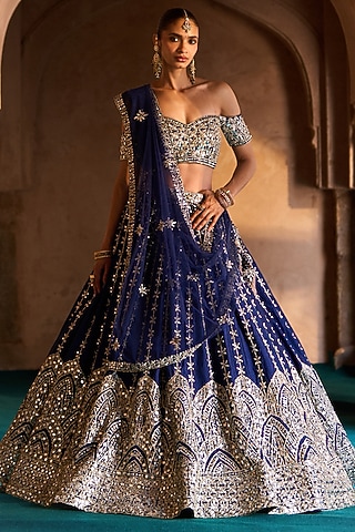 Navy Blue Raw Silk Mirror Work Lehenga Set by Angad Singh