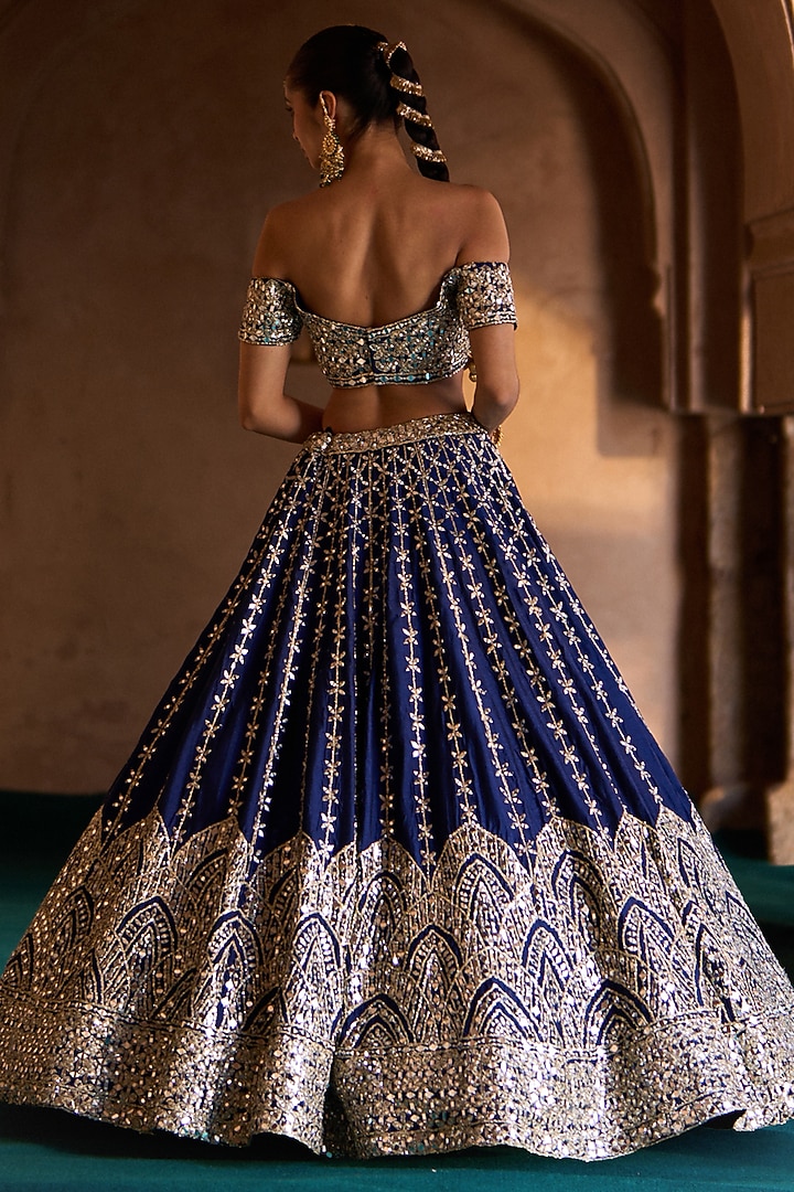 Navy Blue Raw Silk Mirror Work Bridal Lehenga Set by Angad Singh at Pernia's Pop Up Shop
