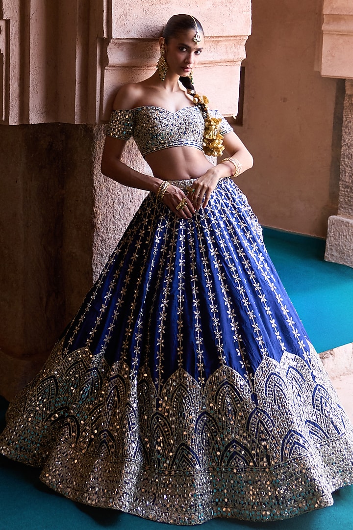Navy Blue Raw Silk Mirror Work Bridal Lehenga Set by Angad Singh at Pernia's Pop Up Shop