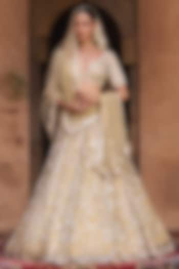 Golden Beige Net Floral Embroidered Bridal Lehenga Set by Angad Singh at Pernia's Pop Up Shop