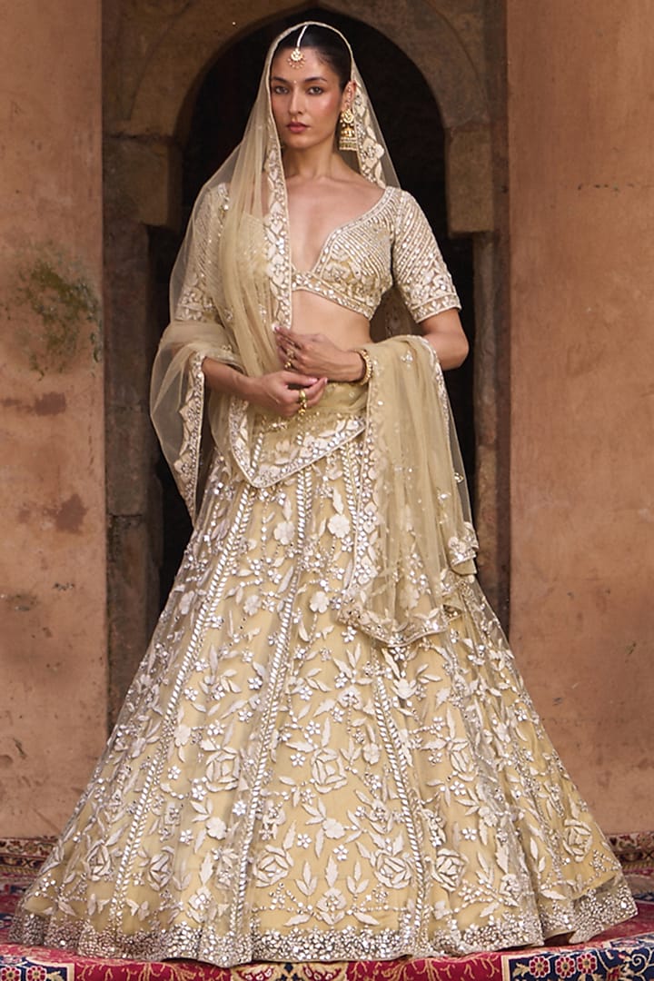Golden Beige Net Floral Embroidered Bridal Lehenga Set by Angad Singh at Pernia's Pop Up Shop