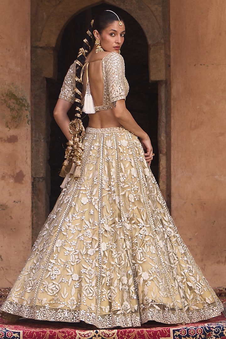 Golden Beige Net Floral Embroidered Bridal Lehenga Set by Angad Singh at Pernia's Pop Up Shop