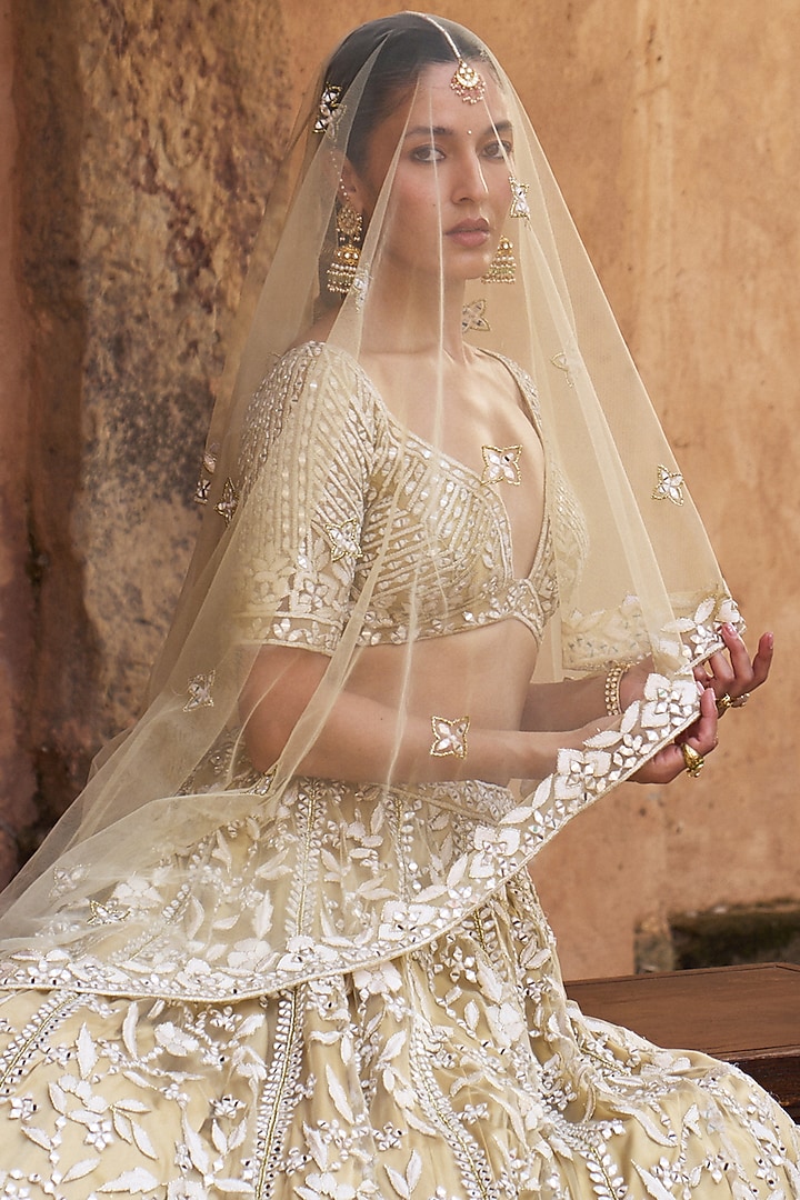 Golden Beige Net Floral Embroidered Bridal Lehenga Set by Angad Singh at Pernia's Pop Up Shop