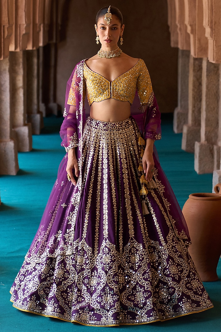 Purple Raw Silk Mirror Embroidered Bridal Lehenga Set by Angad Singh at Pernia's Pop Up Shop