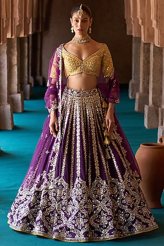 Purple Raw Silk Mirror Embroidered Lehenga Set by Angad Singh