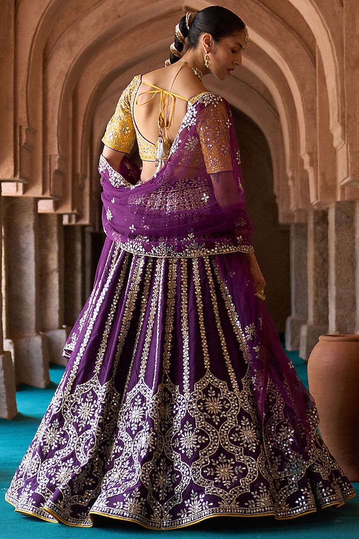 Purple Raw Silk Mirror Embroidered Bridal Lehenga Set by Angad Singh at Pernia's Pop Up Shop