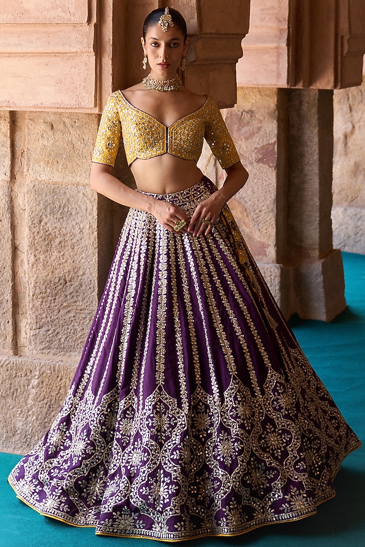 Purple Raw Silk Mirror Embroidered Bridal Lehenga Set by Angad Singh at Pernia's Pop Up Shop