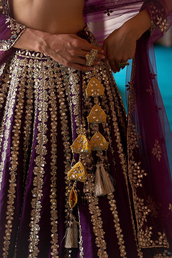 Purple Raw Silk Mirror Embroidered Bridal Lehenga Set by Angad Singh at Pernia's Pop Up Shop