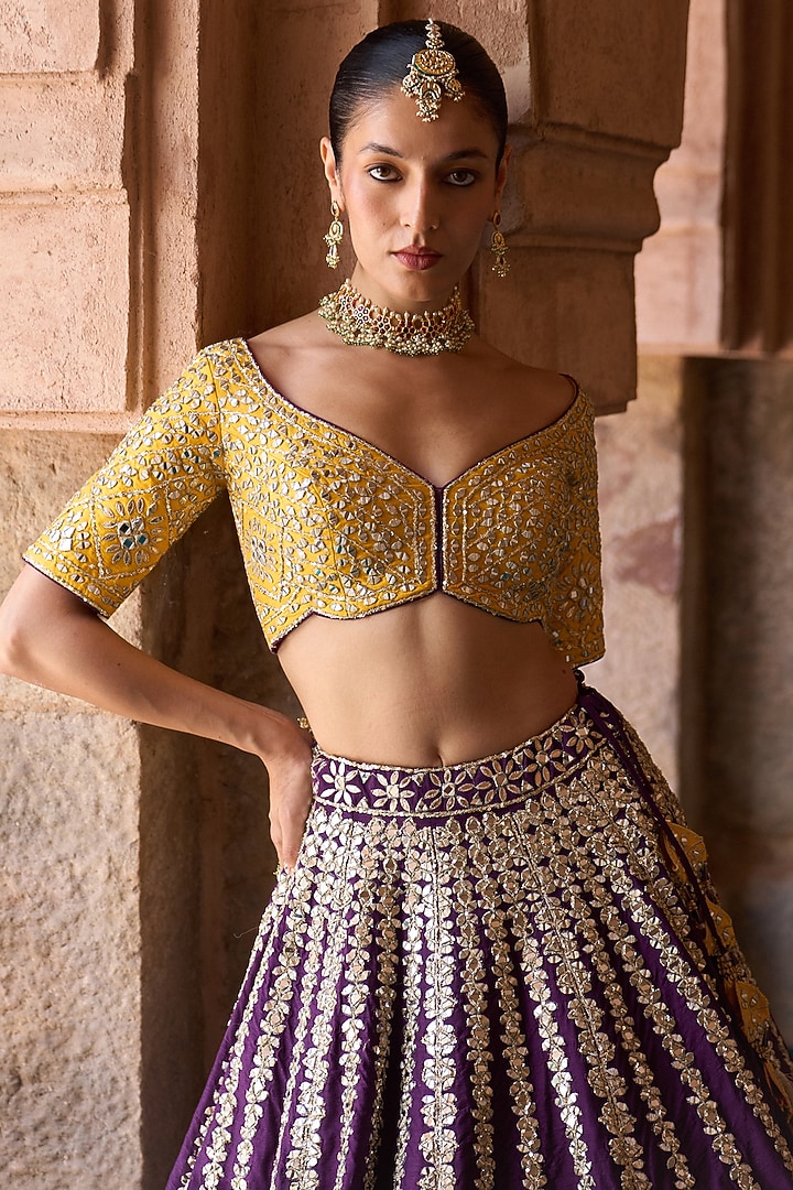 Purple Raw Silk Mirror Embroidered Bridal Lehenga Set by Angad Singh at Pernia's Pop Up Shop