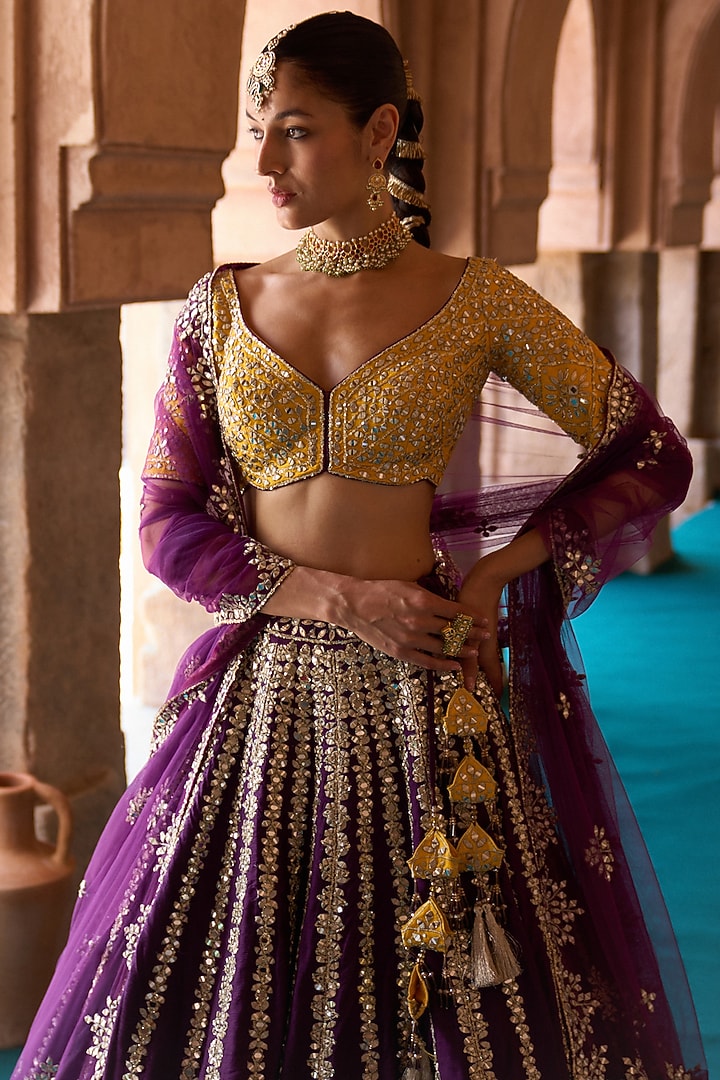Purple Raw Silk Mirror Embroidered Bridal Lehenga Set by Angad Singh at Pernia's Pop Up Shop