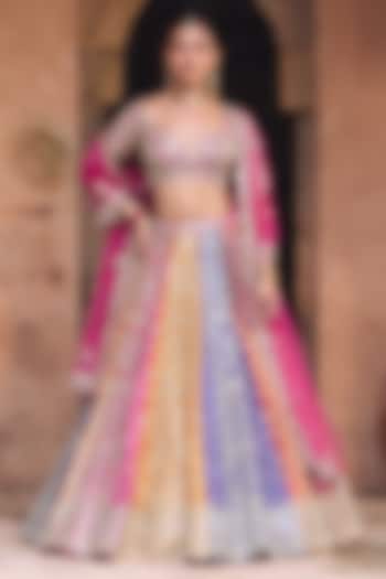 Multi-Colored Raw Silk Mirror Work Bridal Lehenga Set by Angad Singh at Pernia's Pop Up Shop