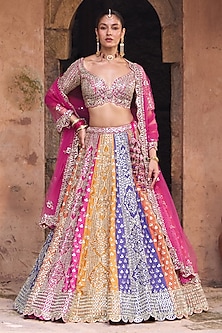 Multi-Colored Raw Silk Mirror Work Lehenga Set by Angad Singh-POPULAR PRODUCTS AT STORE