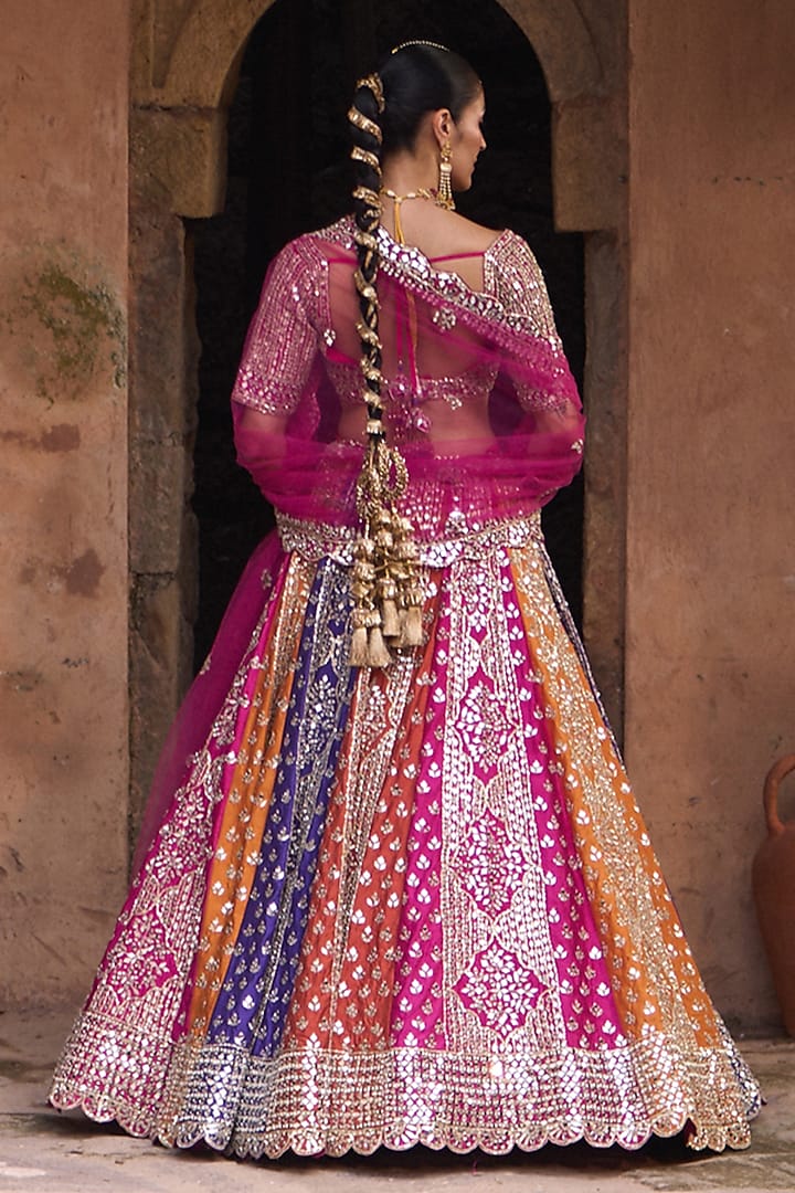 Multi-Colored Raw Silk Mirror Work Bridal Lehenga Set by Angad Singh at Pernia's Pop Up Shop