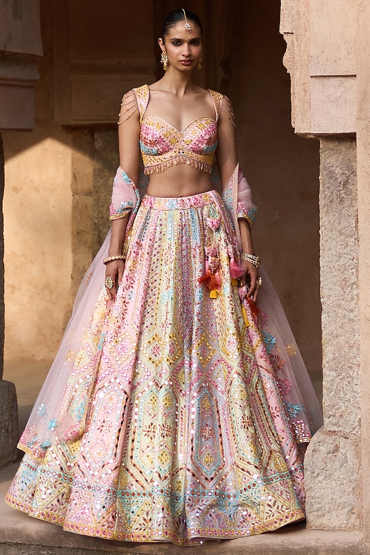 Multi-Colored Raw Silk Geometric Embroidered Bridal Lehenga Set by Angad Singh at Pernia's Pop Up Shop