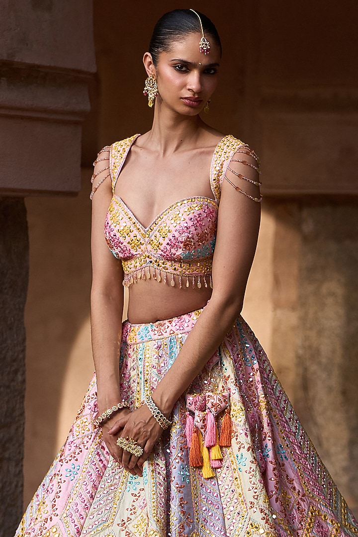 Multi-Colored Raw Silk Geometric Embroidered Bridal Lehenga Set by Angad Singh at Pernia's Pop Up Shop