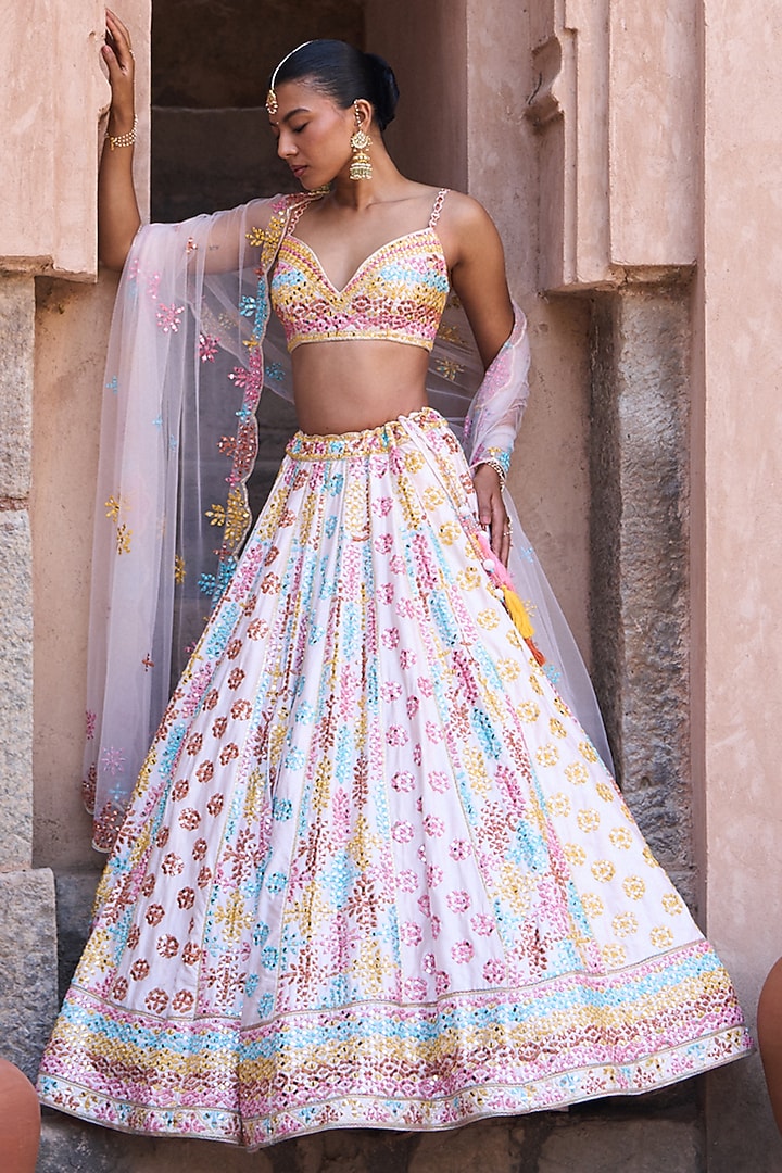 Blush Pink Raw Silk Mirror Embellished Bridal Lehenga Set by Angad Singh at Pernia's Pop Up Shop
