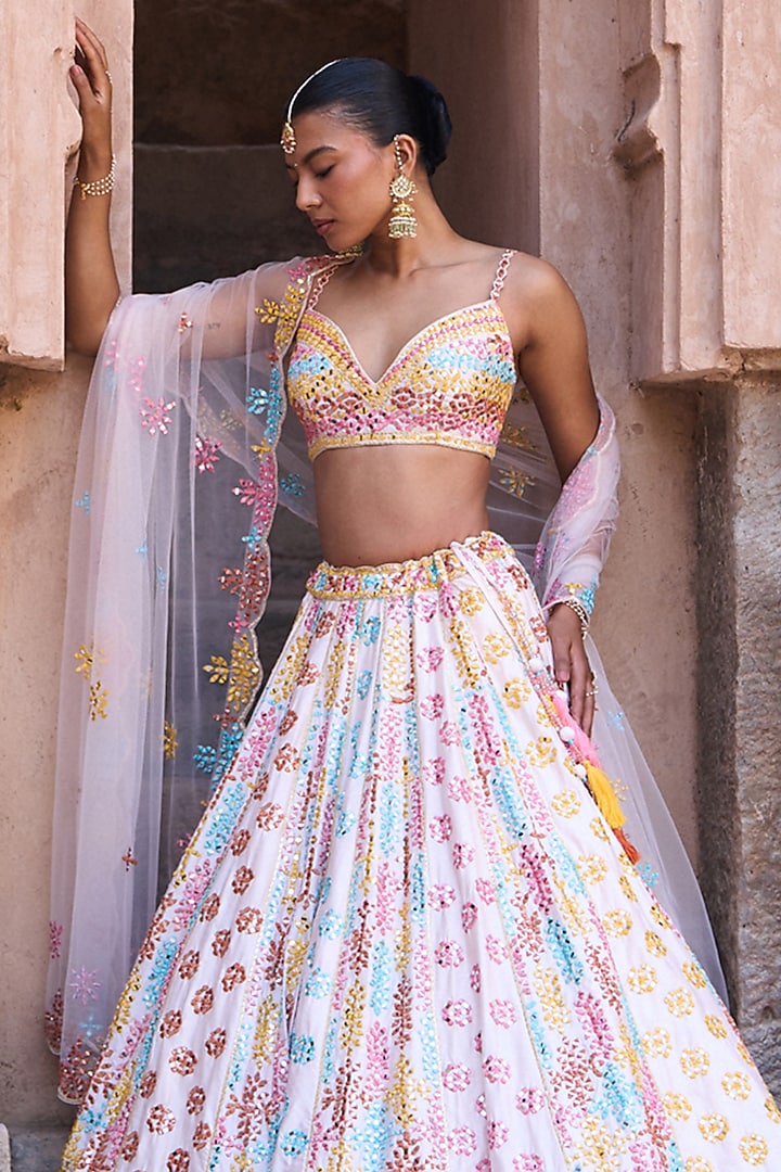 Blush Pink Raw Silk Mirror Embellished Bridal Lehenga Set by Angad Singh at Pernia's Pop Up Shop