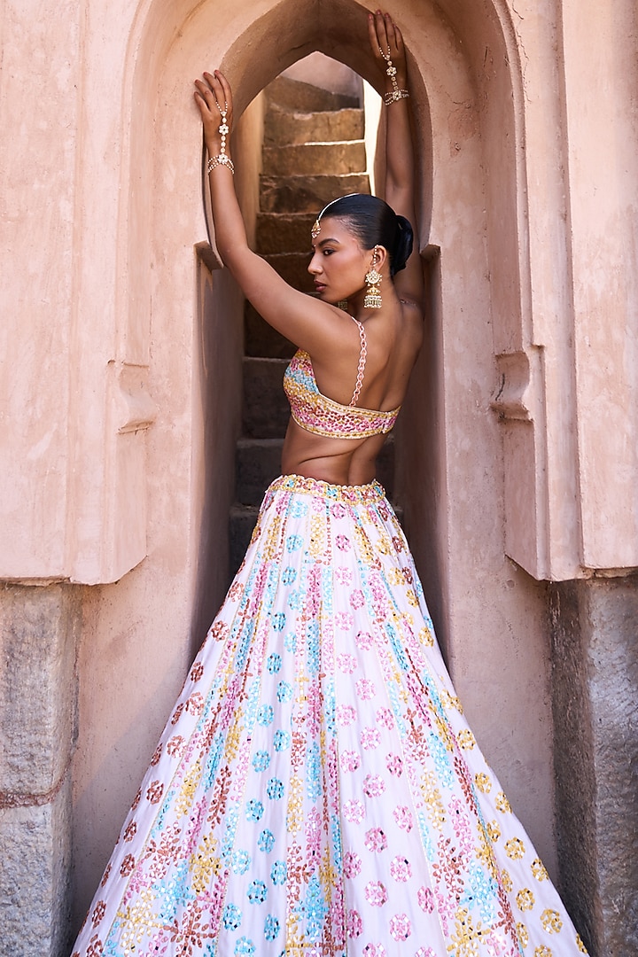 Blush Pink Raw Silk Mirror Embellished Bridal Lehenga Set by Angad Singh at Pernia's Pop Up Shop