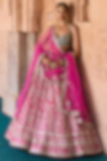 Fuchsia Pink Raw Silk Paisley Embroidered Bridal Lehenga Set by Angad Singh at Pernia's Pop Up Shop