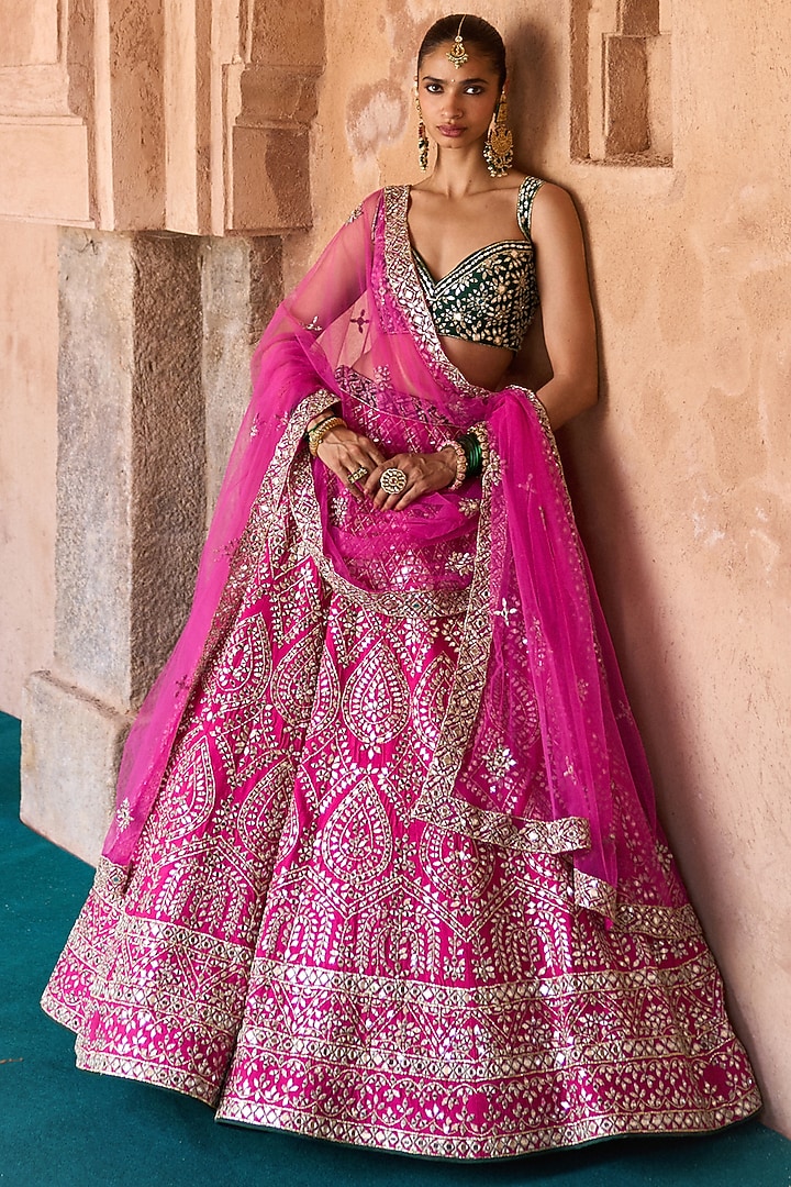 Fuchsia Pink Raw Silk Paisley Embroidered Bridal Lehenga Set by Angad Singh at Pernia's Pop Up Shop