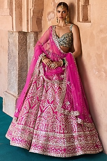 Fuchsia Pink Raw Silk Paisley Embroidered Lehenga Set by Angad Singh-POPULAR PRODUCTS AT STORE