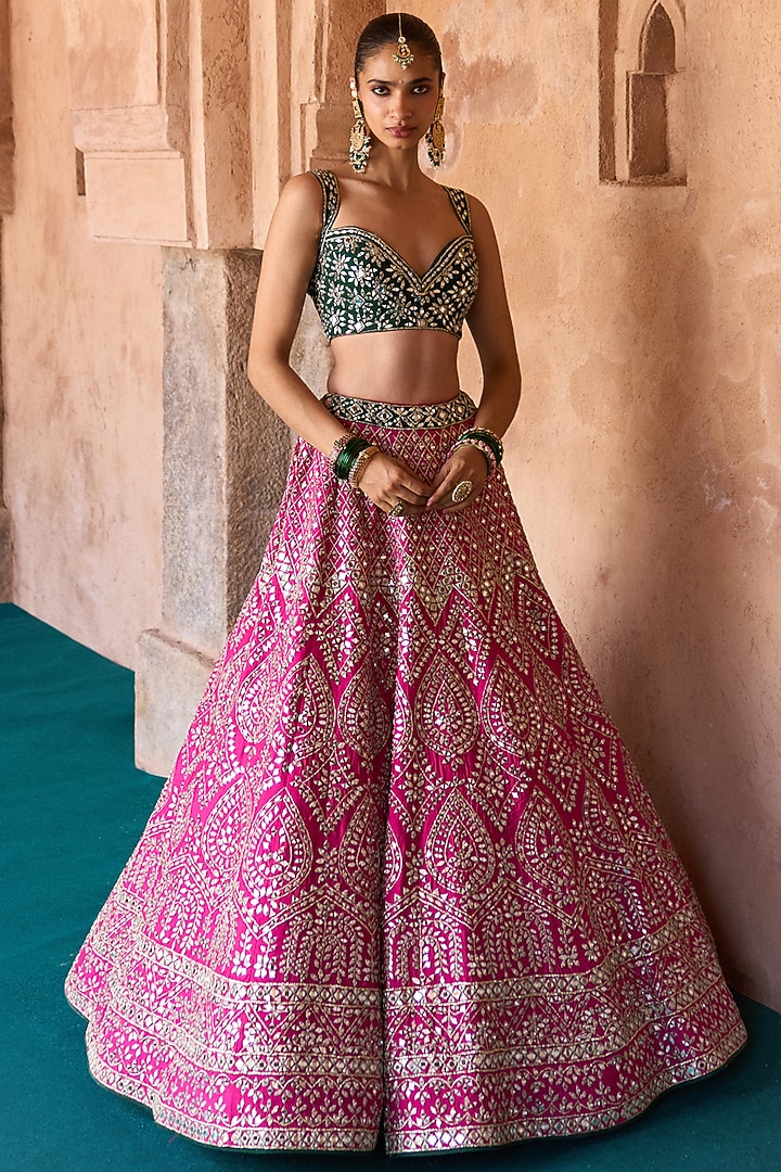 Fuchsia Pink Raw Silk Paisley Embroidered Bridal Lehenga Set by Angad Singh at Pernia's Pop Up Shop