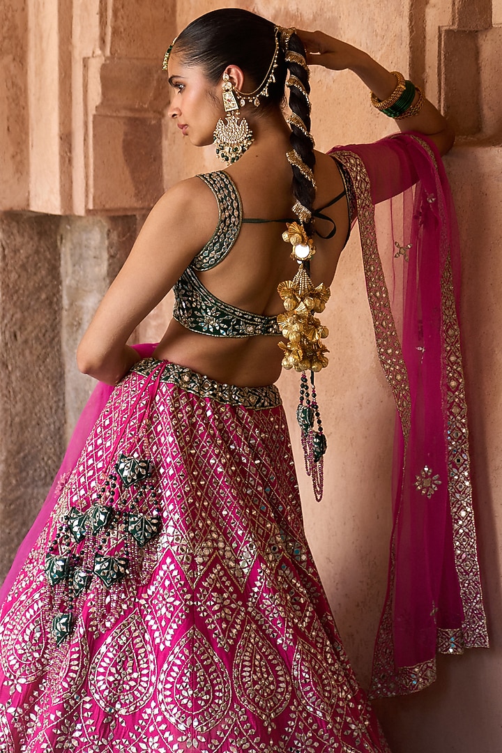 Fuchsia Pink Raw Silk Paisley Embroidered Bridal Lehenga Set by Angad Singh at Pernia's Pop Up Shop