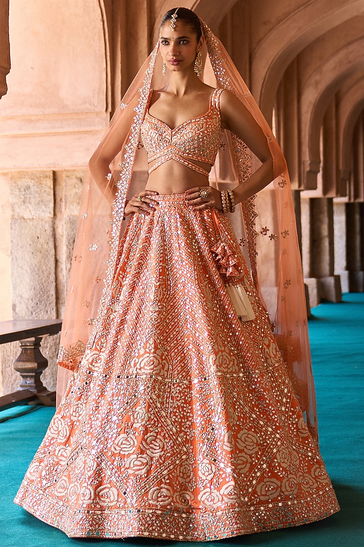 Orange Raw Silk Mirror Embroidered Bridal Lehenga Set by Angad Singh at Pernia's Pop Up Shop