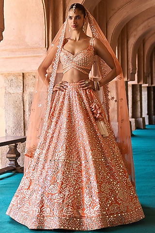 Orange Raw Silk Mirror Embroidered Lehenga Set by Angad Singh