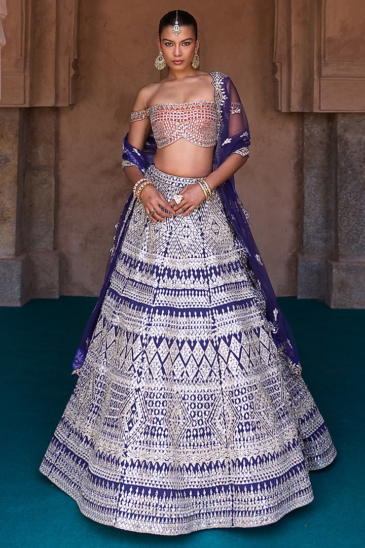 Midnight Blue Raw Silk Mirror Embellished Bridal Lehenga Set by Angad Singh at Pernia's Pop Up Shop