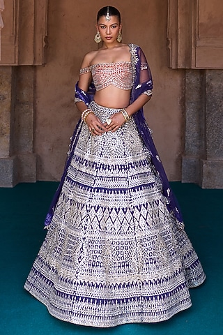 Midnight Blue Raw Silk Mirror Embellished Lehenga Set by Angad Singh