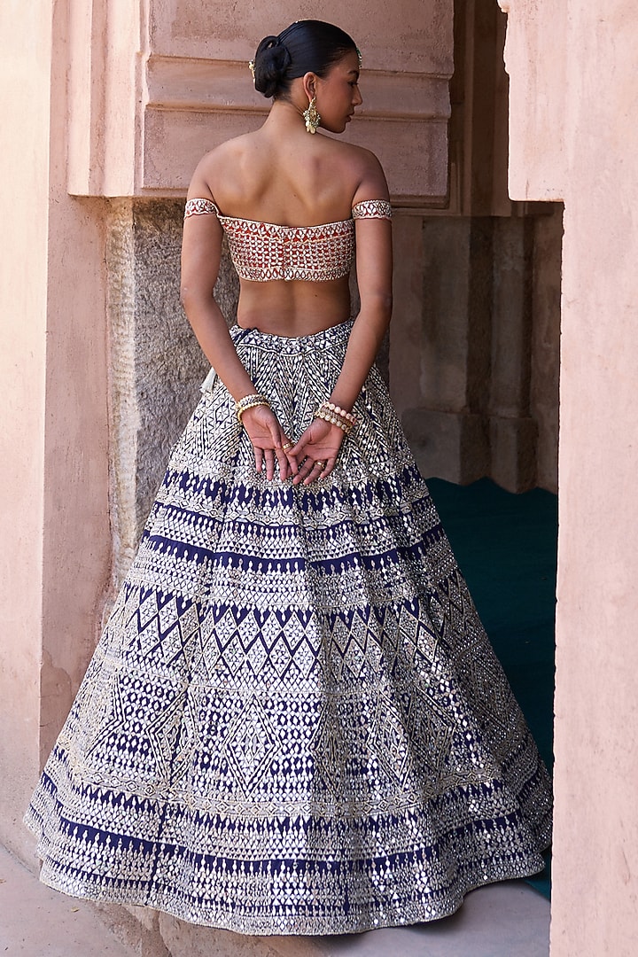 Midnight Blue Raw Silk Mirror Embellished Bridal Lehenga Set by Angad Singh at Pernia's Pop Up Shop