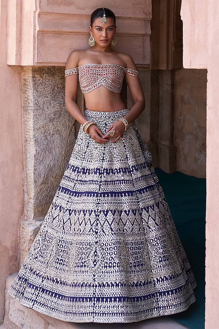 Midnight Blue Raw Silk Mirror Embellished Bridal Lehenga Set by Angad Singh at Pernia's Pop Up Shop