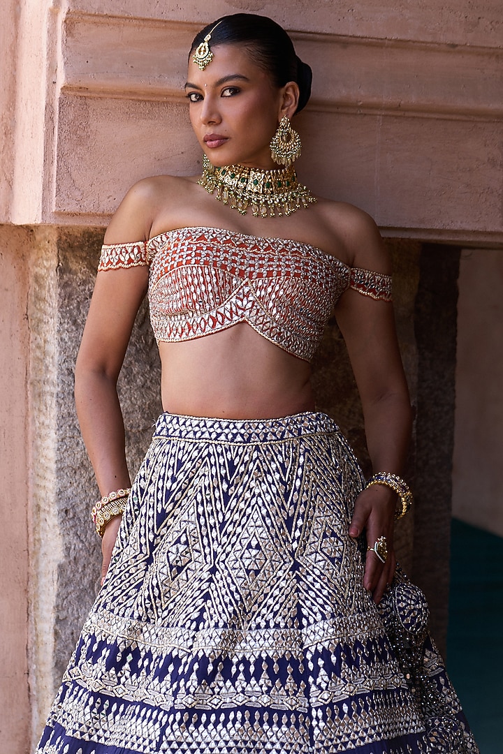Midnight Blue Raw Silk Mirror Embellished Bridal Lehenga Set by Angad Singh at Pernia's Pop Up Shop