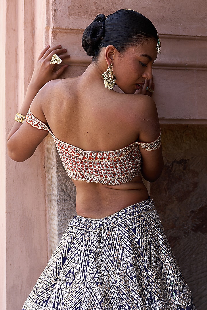 Midnight Blue Raw Silk Mirror Embellished Bridal Lehenga Set by Angad Singh at Pernia's Pop Up Shop