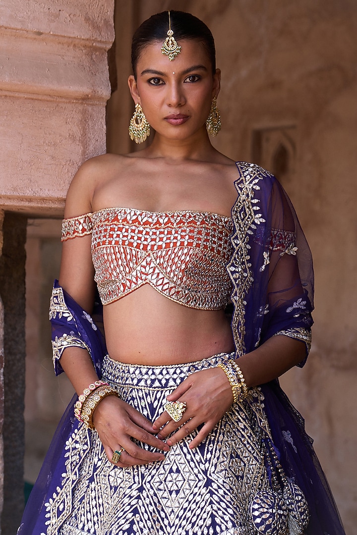 Midnight Blue Raw Silk Mirror Embellished Bridal Lehenga Set by Angad Singh at Pernia's Pop Up Shop
